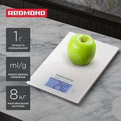 Весы кухонные REDMOND RS-772, закаленное стекло, точность до 1 гр, нагрузка до 8 кг, 4 ед. измерения, вычет тары, белый