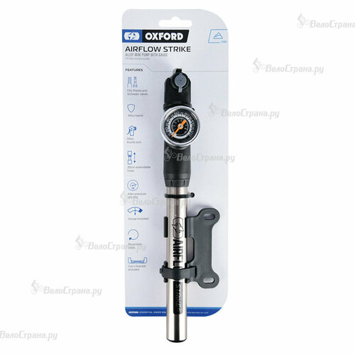 велонасос oxford airflow shock pump with gauge сталь Насос ручной Oxford Airflow Strike with Gauge Серебристо-черный