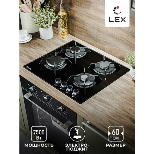 Варочная панель газовая LEX GVG 643A BBL встраиваемая материал поверхности закалённое стекло материал решёток Чугун Управление Механическое Электроподжиг 1298700₽
