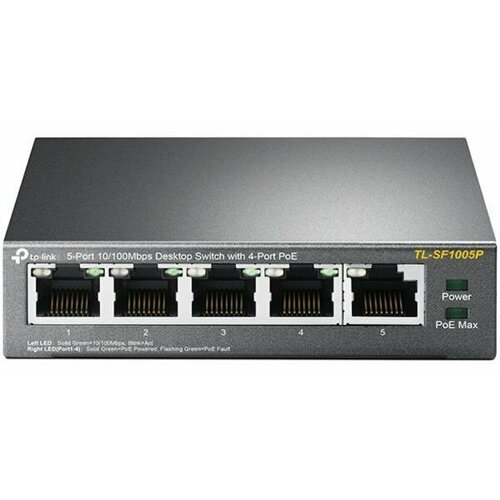 DAHUA DH-SF1005P 5-портовый неуправляемый коммутатор с РоЕ, 4xRJ45 100Mb PoE, 1xRJ45 100Mb uplink, суммарно 60Вт, коммутация 1.8 Гбит/с, MAC-таблица 2