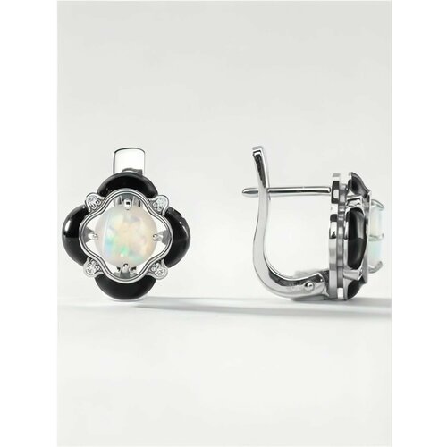 Серьги KAPLI jewelry, серебро, 925 проба, родирование, опал, эмаль, фианит, размер 12 мм, длина 1.2 см, серый, белый