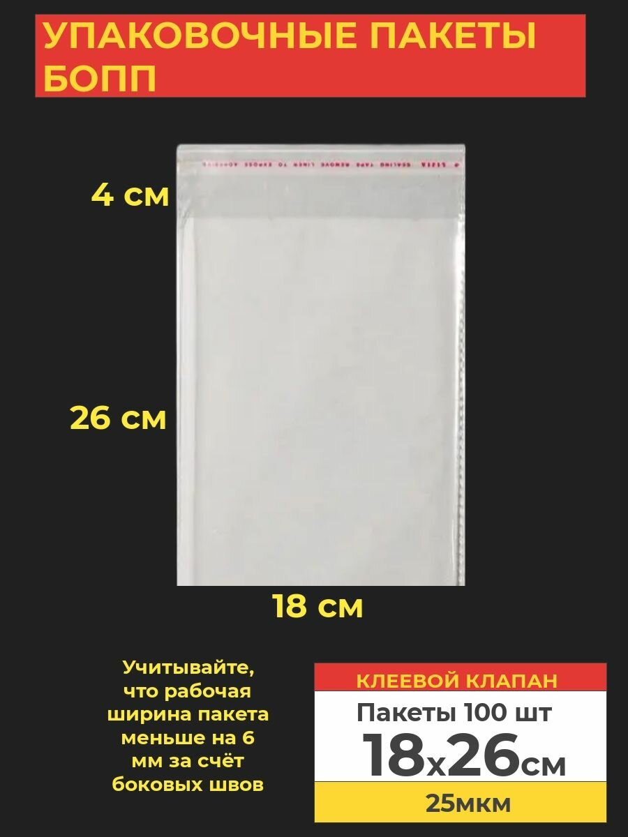 Упаковочные бопп пакеты с клеевым клапаном, 18*26 см,100 шт.