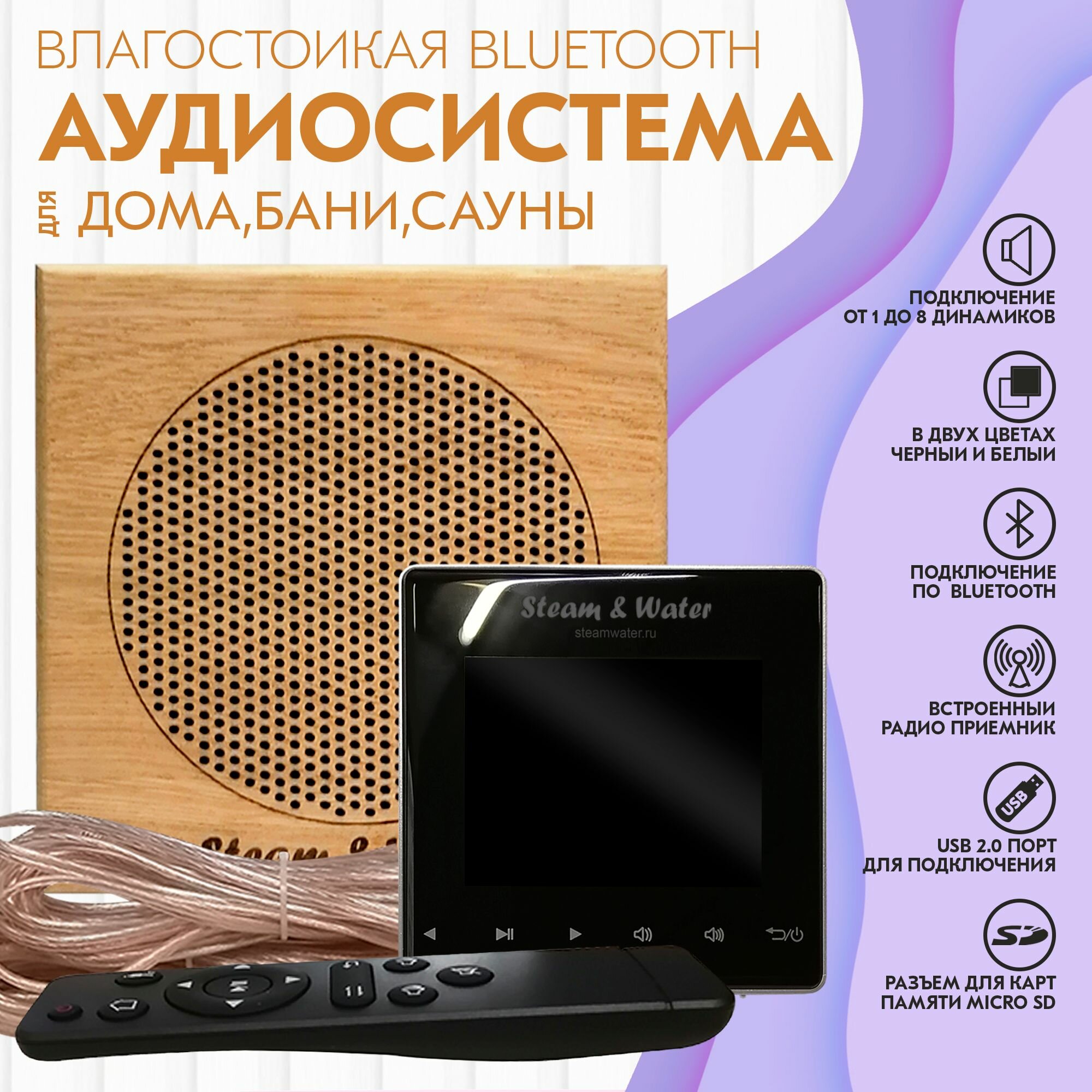 Комплект влагостойкой акустики для бани и сауны SW 1 Black SAUNA (квадратная решетка)