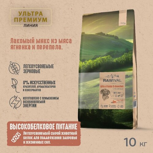 Rawival "Gifts of Fields&Branches" с ягненком и перепелом сухой корм для взрослых собак средних и крупных пород 10кг