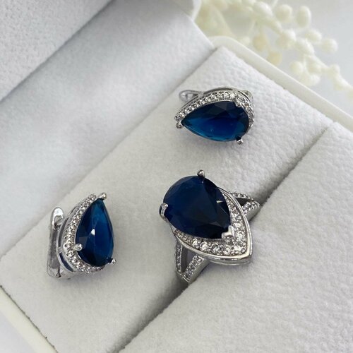 Комплект бижутерии QSY: кольцо, серьги, фианит, размер кольца 18, серебряный