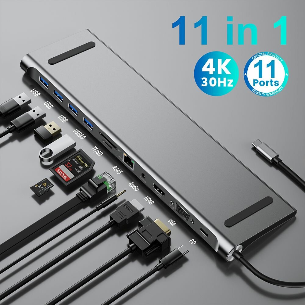 USB разветвитель 11 в 1 Type C USB HUB док станция Usb 3.0 хаб 3 0 USB-2.0 Type-c переходник концентратор thunderbolt 4k Hdmi VGA RJ45 TF SD AUX картридер для ноутбука Macbook Pro Air m1 m2