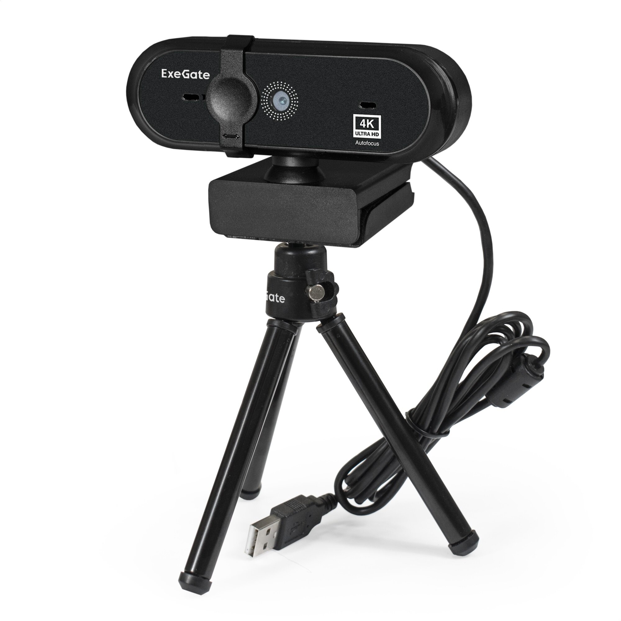 Веб-камера ExeGate Stream HD 4K UHD T-Tripod (матрица 1/3" 8 Мп, 3840x2160, 32fps, 4-линзовый объектив (стекло), автофокус, шторка, USB, Mac OS 10.6 и выше, Chrome OS™, Android 5.0 и выше, черная, RTL) EX287383RUS — фото 1