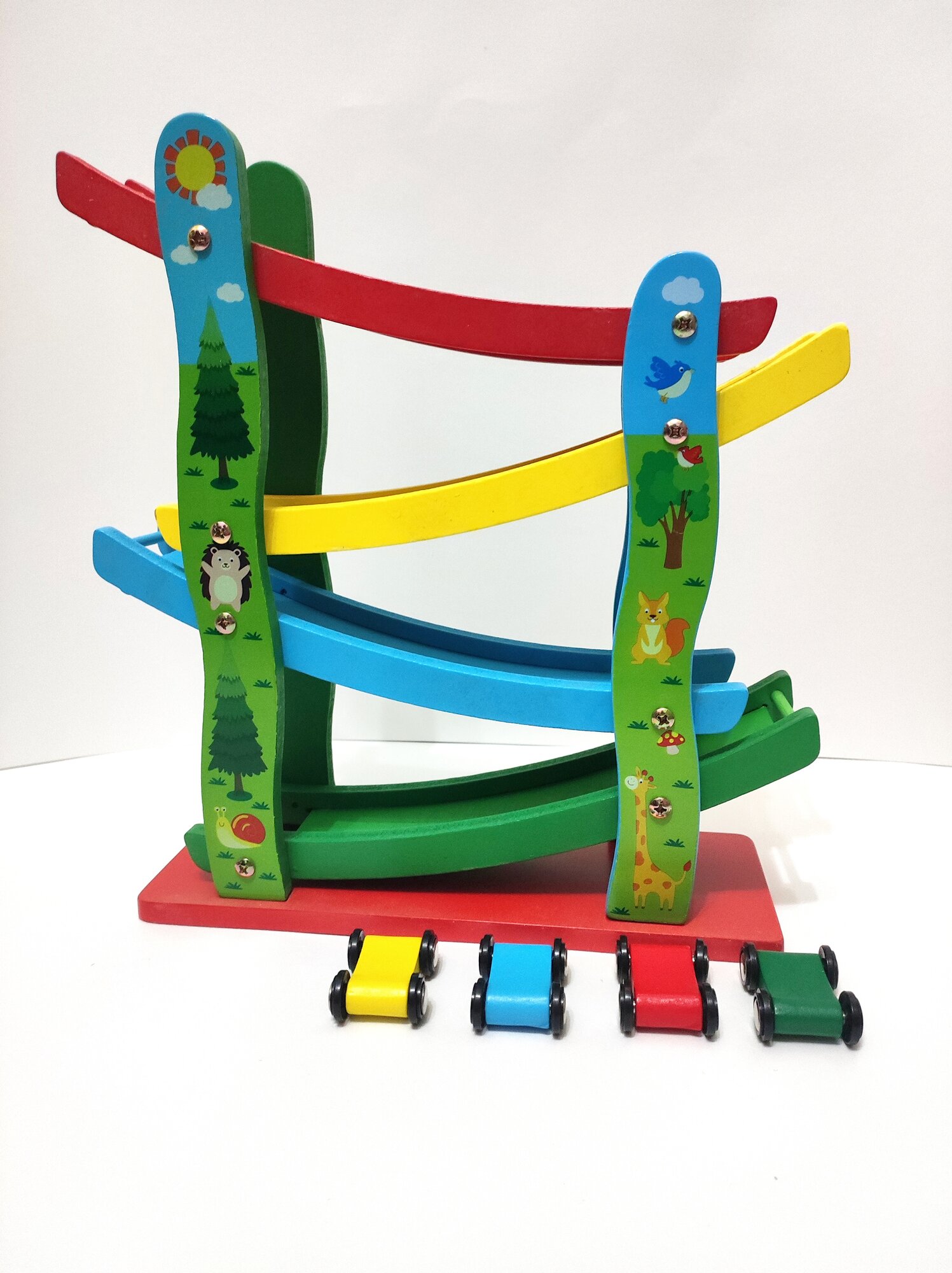 Детская деревянная мини горка с 4 машинками — фото 1