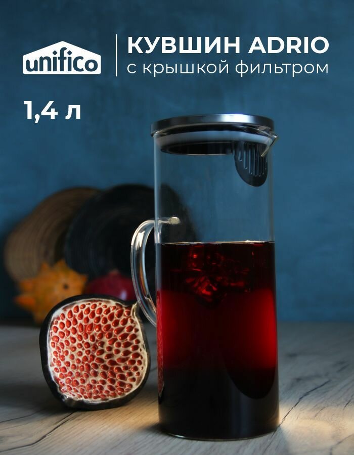 Кувшин для воды стеклянный с металлической крышкой 1450 мл Adrio (боросиликатное стекло) UNIFICO