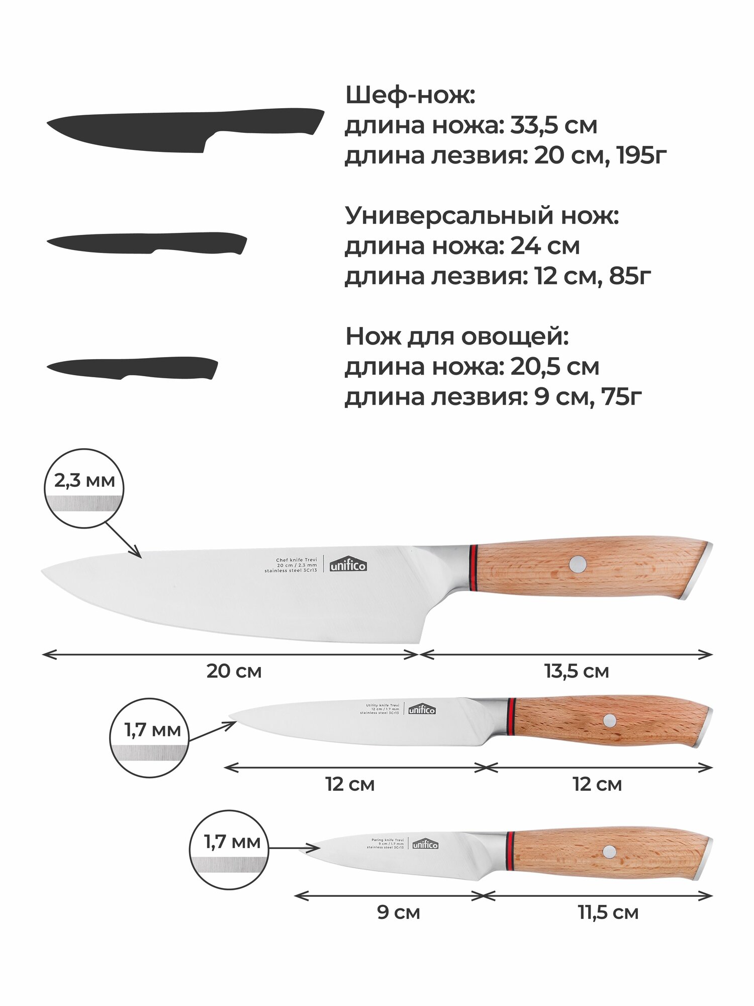 UNIFICO Набор ножей Trevi 4 шт. (шеф, универс, топорик, для овощей), 3CR13/Wood в подарочной коробке — фото 1