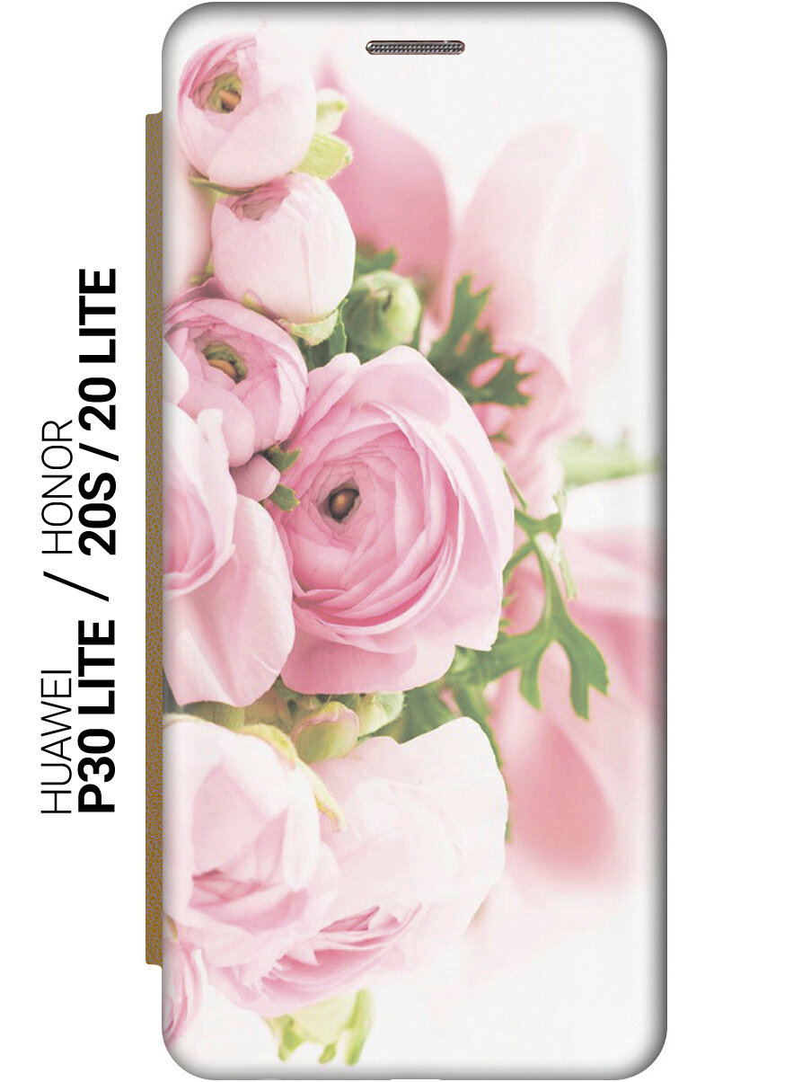 Чехол-книжка на Honor 20 Lite, 20s, Huawei P30 Lite, Хуавей П30 Лайт, Хонор 20 Лайт, 20s с 3D принтом "Розовые розы" золотой