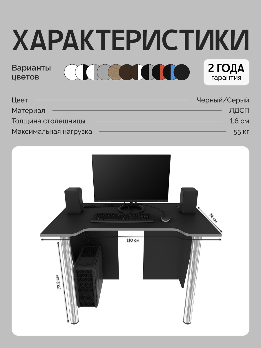 Стол компьютерный, письменный, игровой LevelUP 1100 Черный/Серый, 110*74*73.2 см. — фото 1