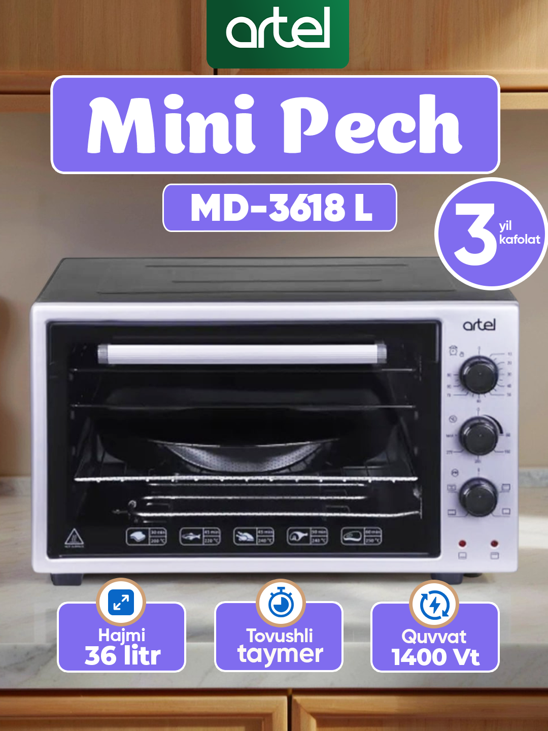 Мини-печь Artel MD3618E, 3 режима, верхняя+нижняя, 36л серый