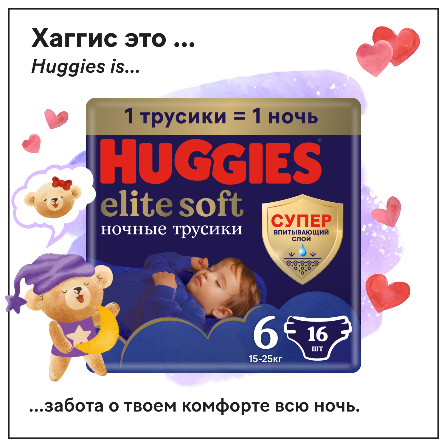 Huggies Трусики-подгузники ночные Huggies Elite soft (15-25кг)16шт.