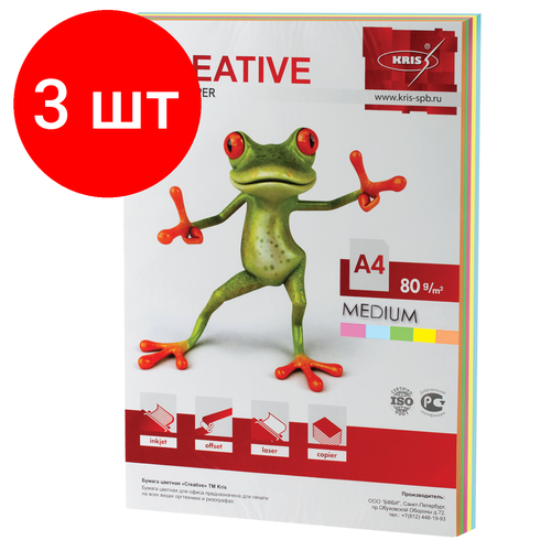 Комплект 3 шт, Бумага цветная CREATIVE color (Креатив) А4, 80 г/м2, 100 л, (5 цветов х 20 листов), микс медиум, БОpr-100r