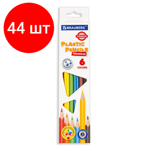 Комплект 44 шт, Карандаши цветные пластиковые BRAUBERG PREMIUM, 6 цветов, трехгранные, грифель мягкий 3 мм, 181660 пластиковые цветные карандаши brauberg premium