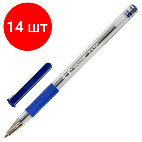 Комплект 14 шт, Ручка шариковая с грипом BEIFA (Бэйфа), синяя, корпус прозрачный, узел 0.7 мм, линия письма 0.5 мм, AA999-BL
