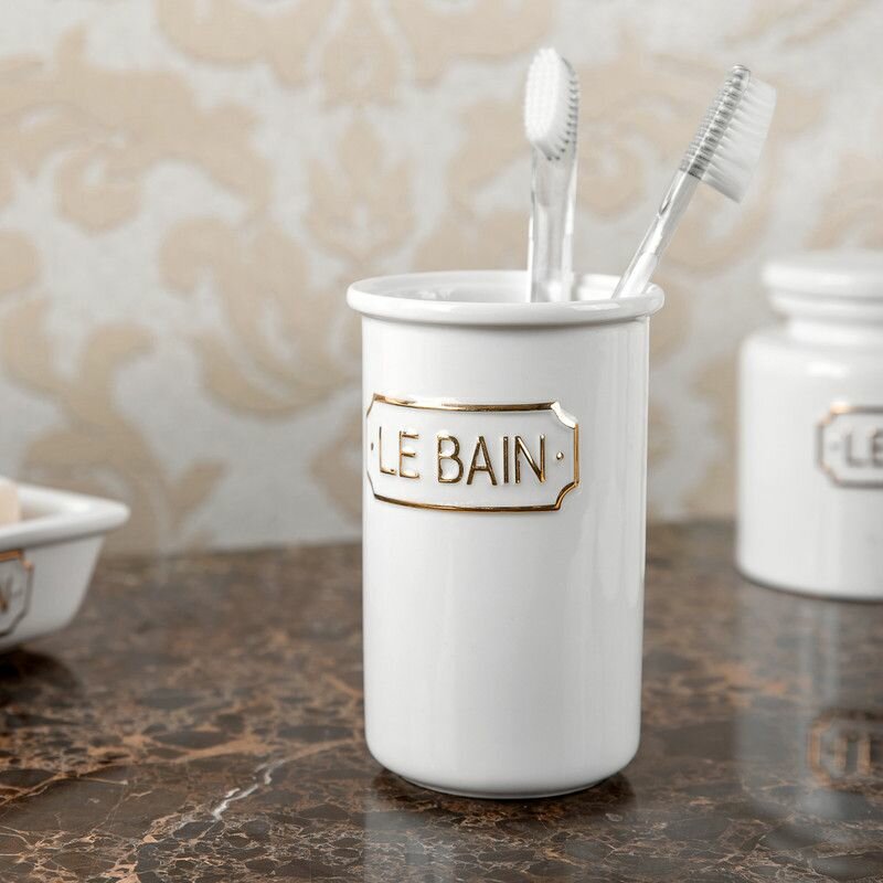 Стакан для зубных щеток белый и золотой керамический для ванной 7,6х7,6х12 см, Le Bain blanc
