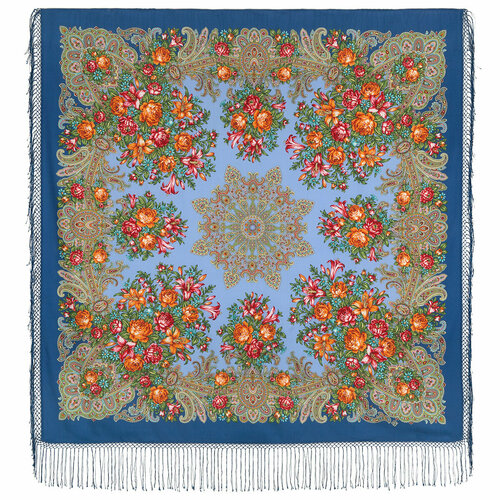 фото Платок павловопосадская платочная мануфактура,135х135 см, синий, голубой