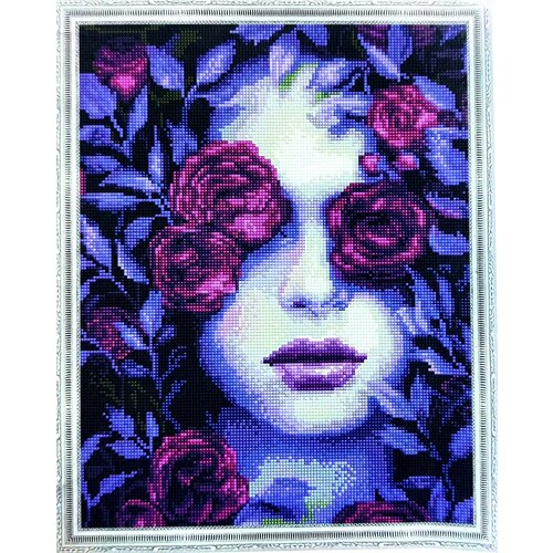 Алмазная мозаика 40x50см круглые стразы роза, фьюжен, фентези, девушка, поп-арт, лицо, губы, черно-белая, интерьерная , стильная.