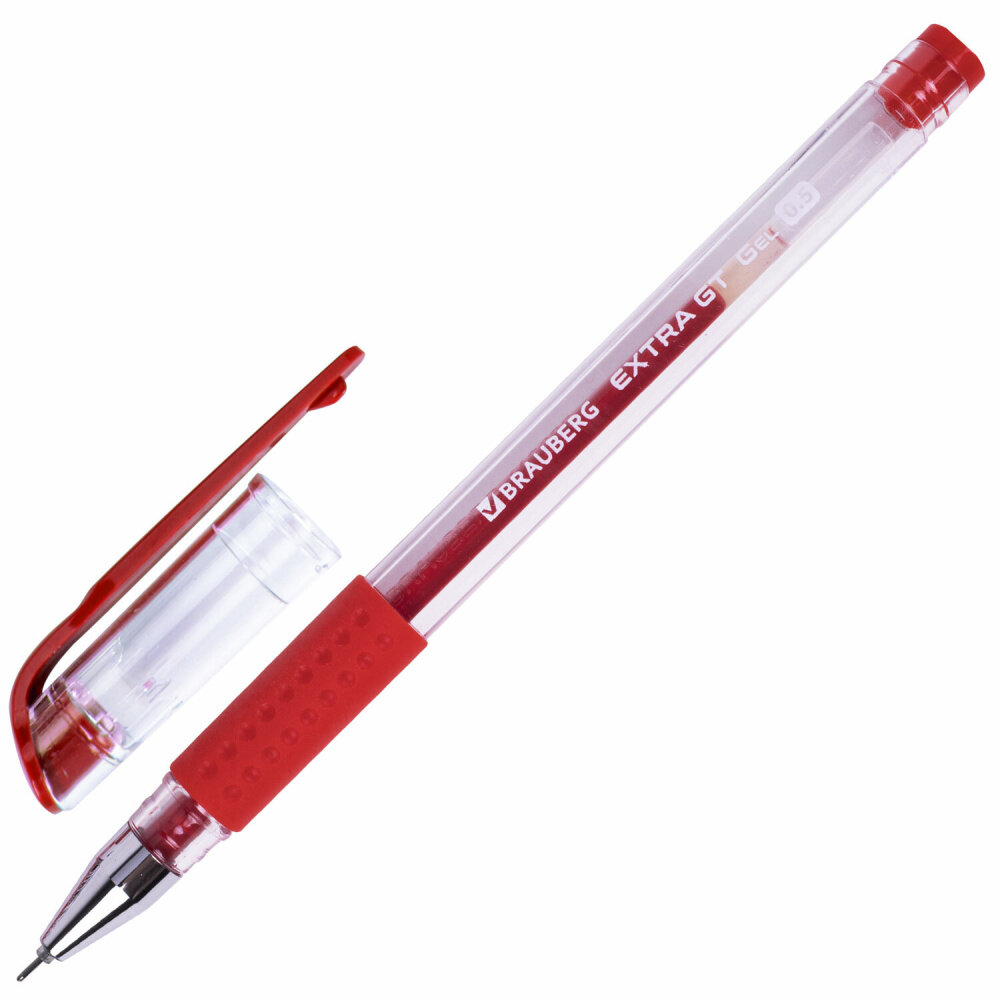 Ручка гелевая с грипом BRAUBERG "EXTRA GT NEEDLE", красная, игольчатый узел 0,5 мм, линия 0,35 мм, 143921 упаковка 24 шт.