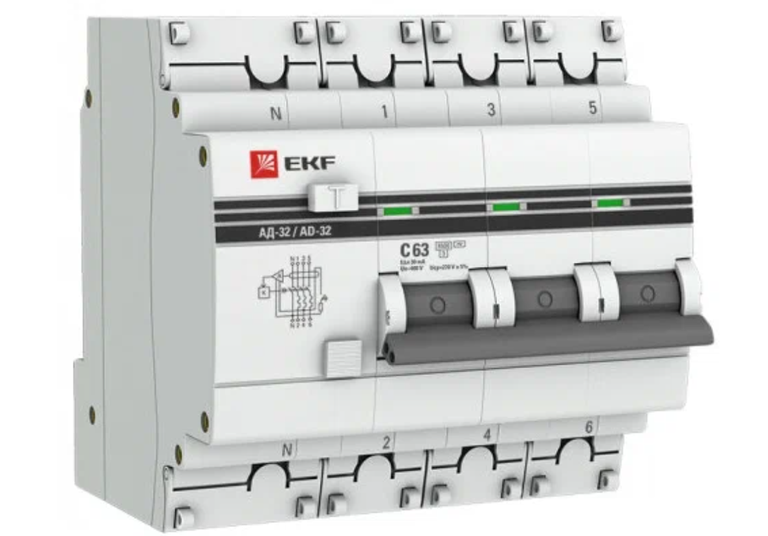 Дифференциальный автомат EKF АД-32 4П 30 мА C 4.5 кА AC электронный 63 А 30 мА
