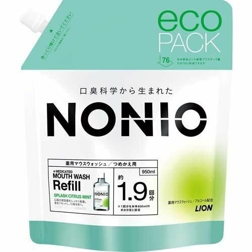 LION Ежедневный зубной ополаскиватель "Nonio" с длительной защитой от неприятного запаха (аромат цитрусовых и мяты) 950 мл, сменная упаковка с крышкой