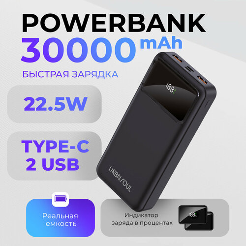 Повербанк, URBNSOUL, UPB-420, 20000 mAh, 2 USB и Type-C, power bank для айфона, портативный внешний аккумулятор для телефона xiaomi, черный