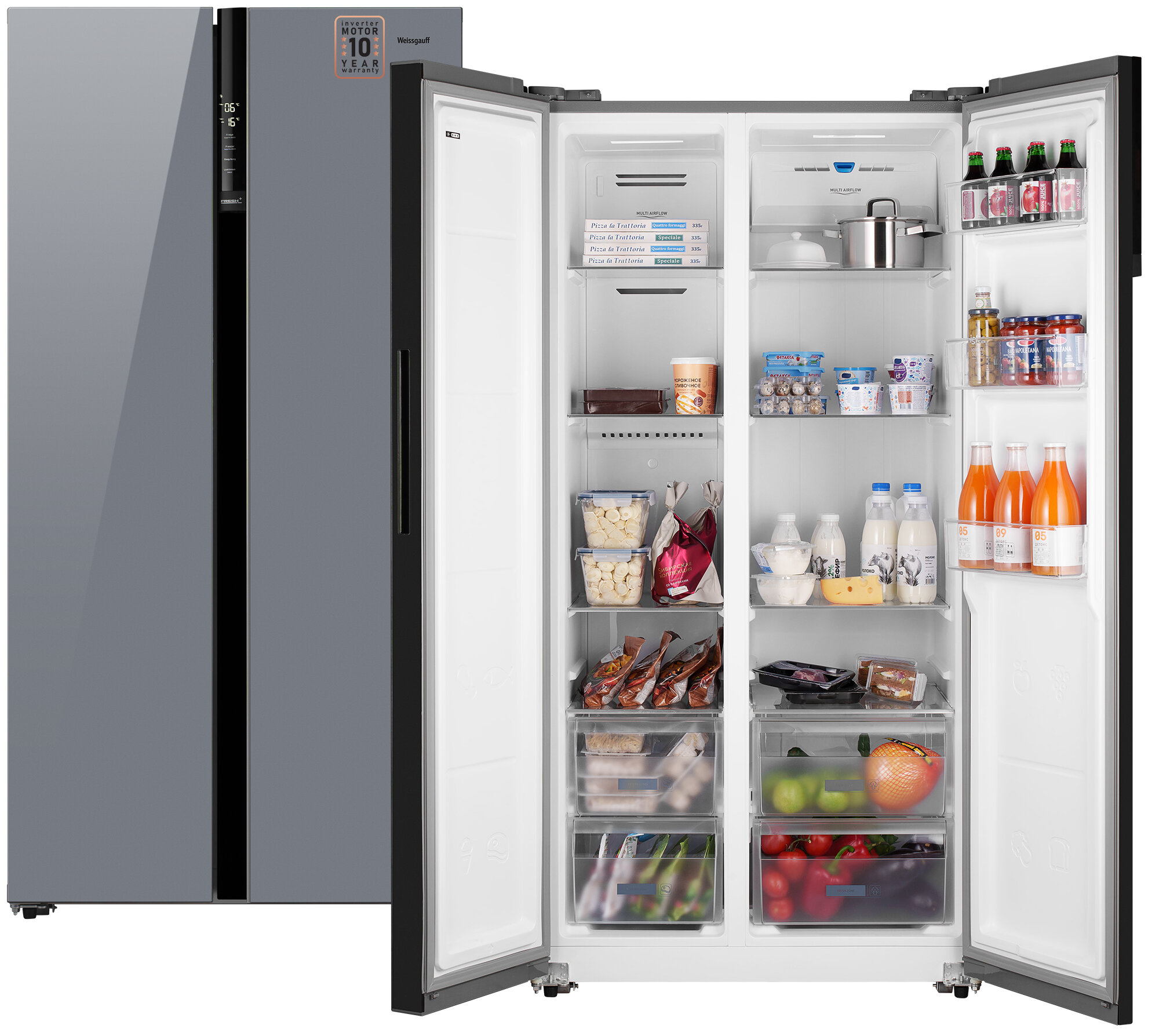 Отдельностоящий холодильник с инвертором Weissgauff Wsbs 600 NoFrost Inverter Dark Grey Glass Side by Side двухдверный, 3 года гарантии, Мощность замораживания 12 кг сутки, Объём 584 л Сенсорное управление, Цифровой дисплей, Супер-режимы, A++