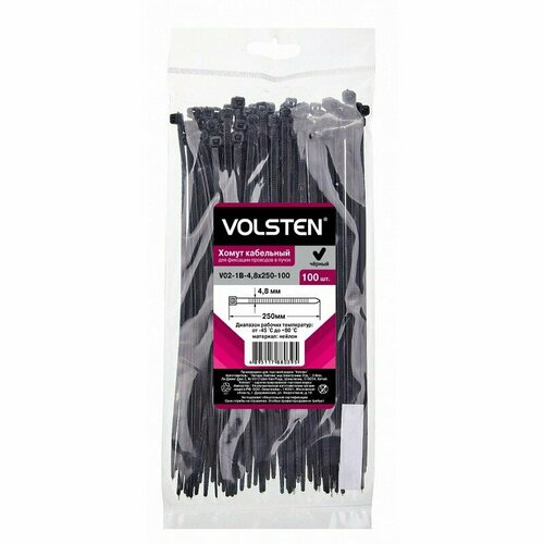 Volsten V02-1B-4,8х250-100 (Хомут черный нейлон 4,8х250 (100шт.)), цена за 1 упак.