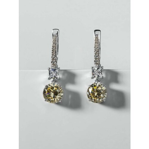 Серьги KAPLI jewelry, серебро, 925 проба, родирование, фианит, размер 8 мм, длина 2.6 см, желтый, серый