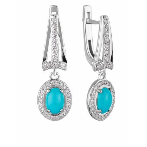 Серьги KAPLI jewelry, серебро, 925 проба, родирование, фианит, размер 9 мм, длина 2.8 см, голубой, серый