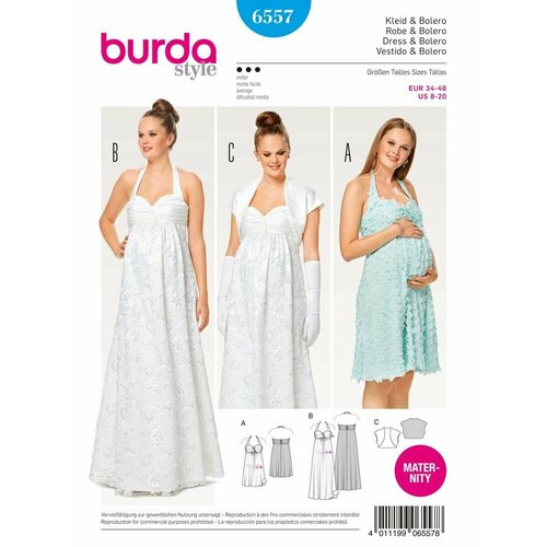 Выкройка Burda 6557 Вечернее платье для будущей мамы, Болеро выкройка burda 7164 вечернее платье туника для будущей мамы