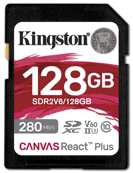 Карта памяти SD 128 Gb Kingston SDXC UHS-II U3 V60 Canvas React Plus R/W 280/100MB/s (SDR2V6/128GB)