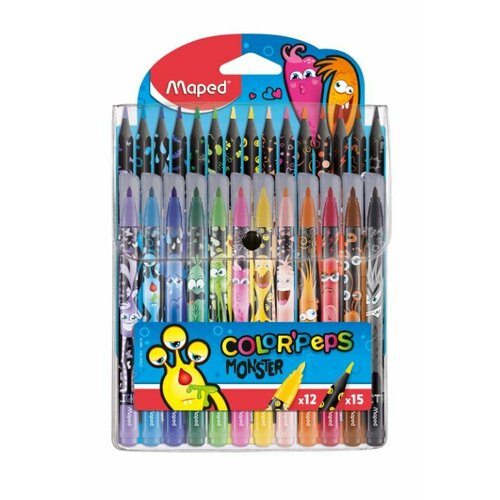 Maped Набор для рисования Color'Peps Monster, 12 фломастеров, 15 пластиковых цветных карандашей