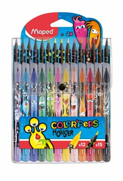 Maped Набор для рисования Color'Peps Monster, 12 фломастеров, 15 пластиковых цветных карандашей