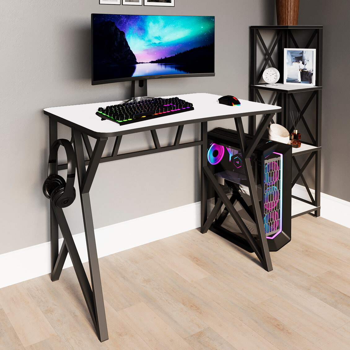 Стол компьютерный, игровой, геймерский, письменный "Графика" 90 см, Белый/черный