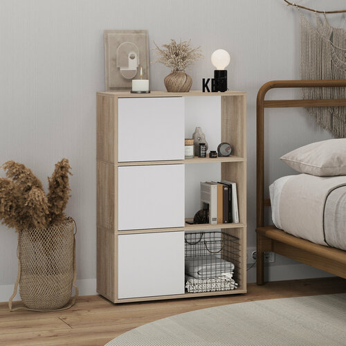 Стеллаж напольный Кео СТЖ-300 белый и сонома с дверцами для книг в гостиную детскую ванную комнату 5390₽