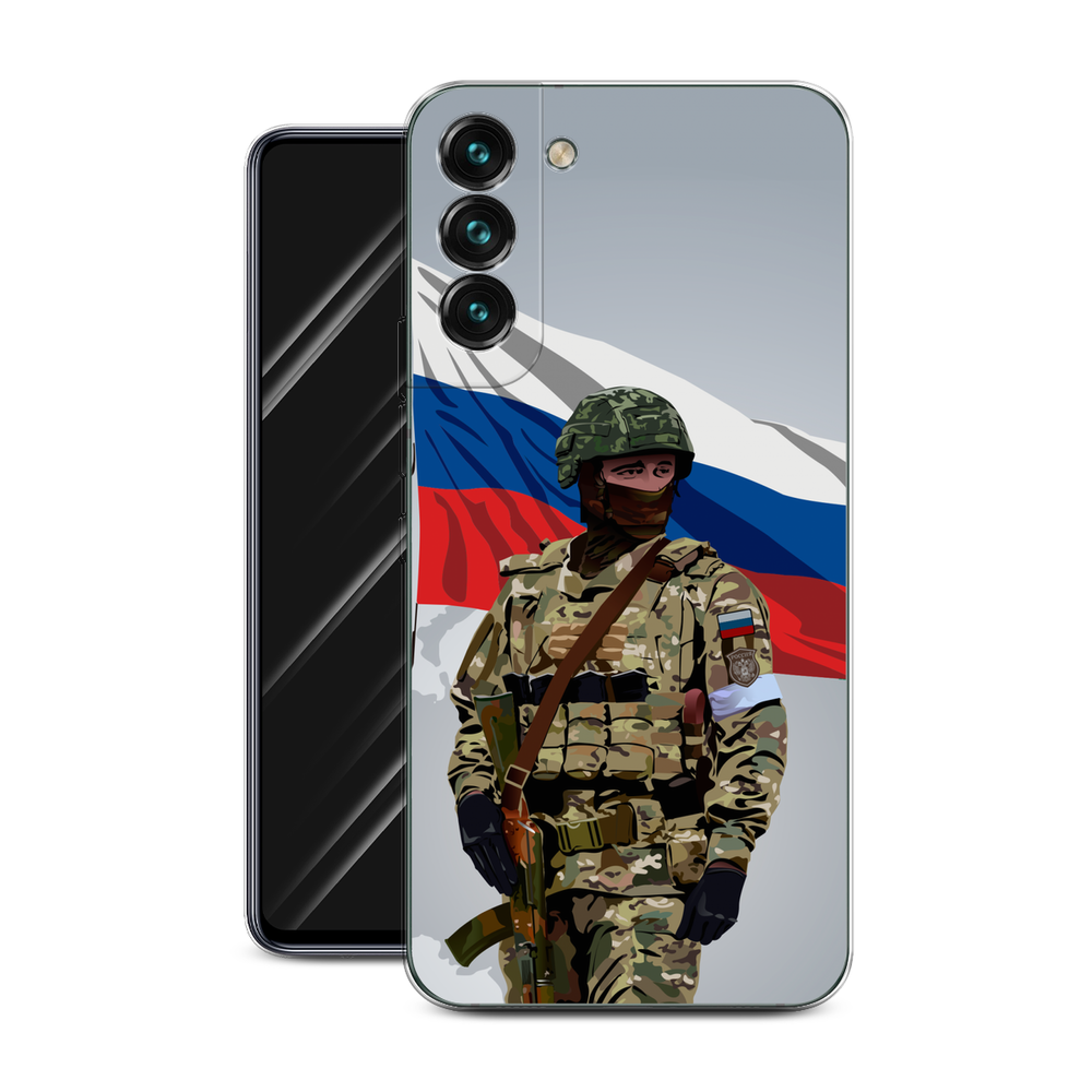 Чехол на Samsung Galaxy S22 Plus / Самсунг Галакси S22 Плюс с принтом Солдат с флагом — фото 1