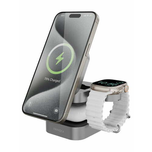 EnergEA Беспроводное СЗУ MagCube 3-in-1 Magnetic Foldable wireless 15W Qi2.0 + TWS + MFW AW Gunmetal