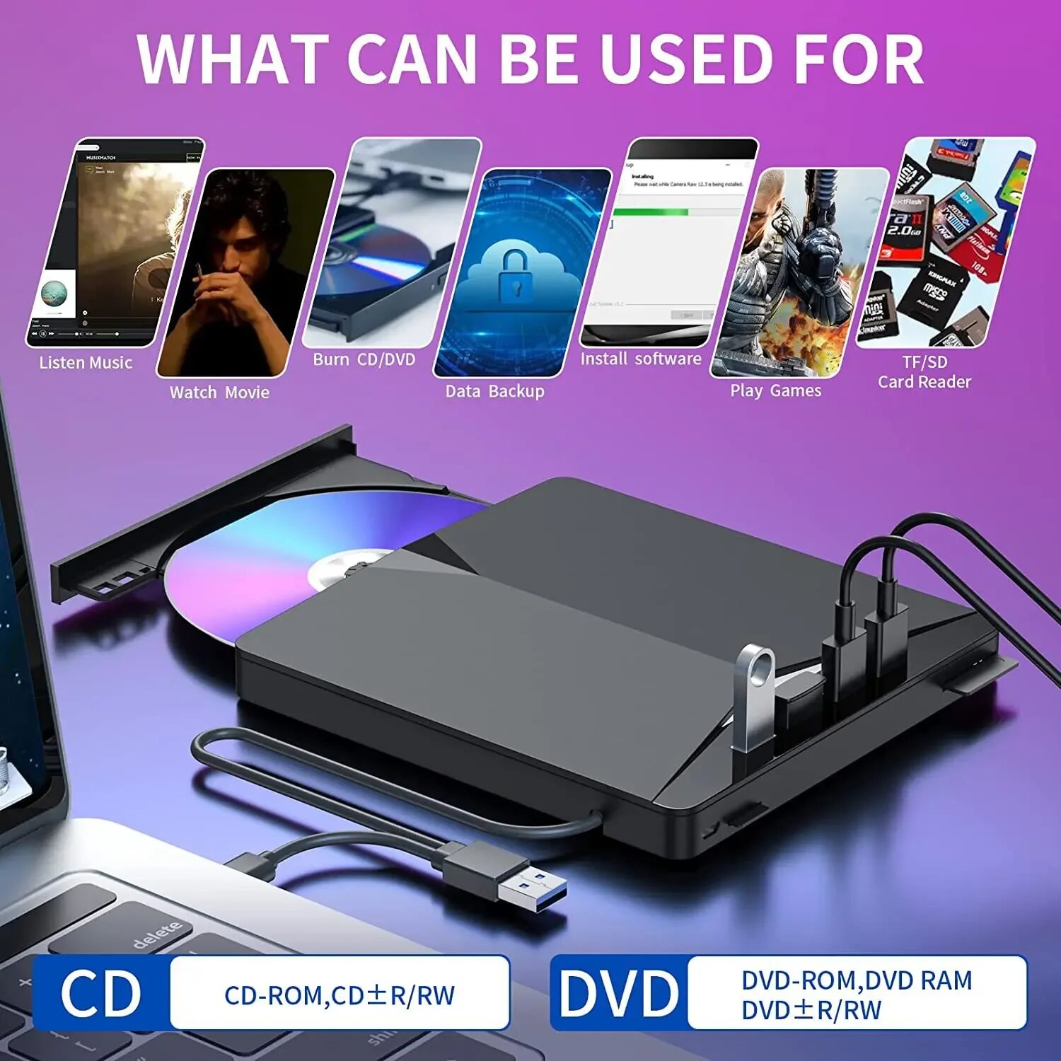 Многофункциональный DVD-плеер Woopker, высокоскоростной оптический привод передачи данных 7 в 1, USB 3.0 Type-c, внешний портативный CD/DVD-ридер, Black — фото 1