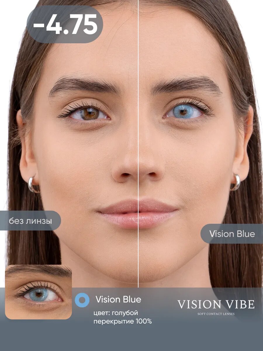 Цветные контактные голубые линзы Vision vibe Blue -4.75 гидрогелевые