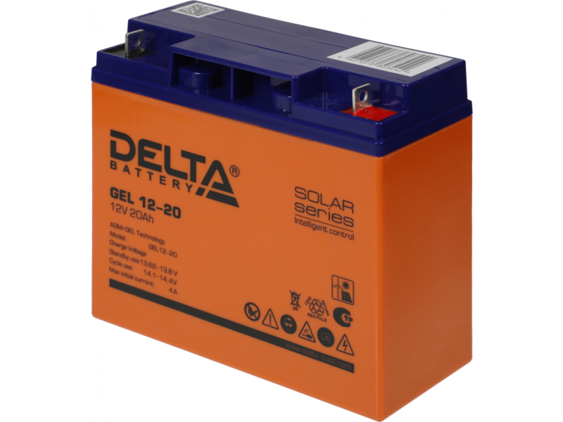 Аккумуляторная батарея Delta GEL 12-20 12в/20ач, клемма болт + гайка Ø 5,5 мм (181х77х167мм (167мм); 5,3кг; срок службы