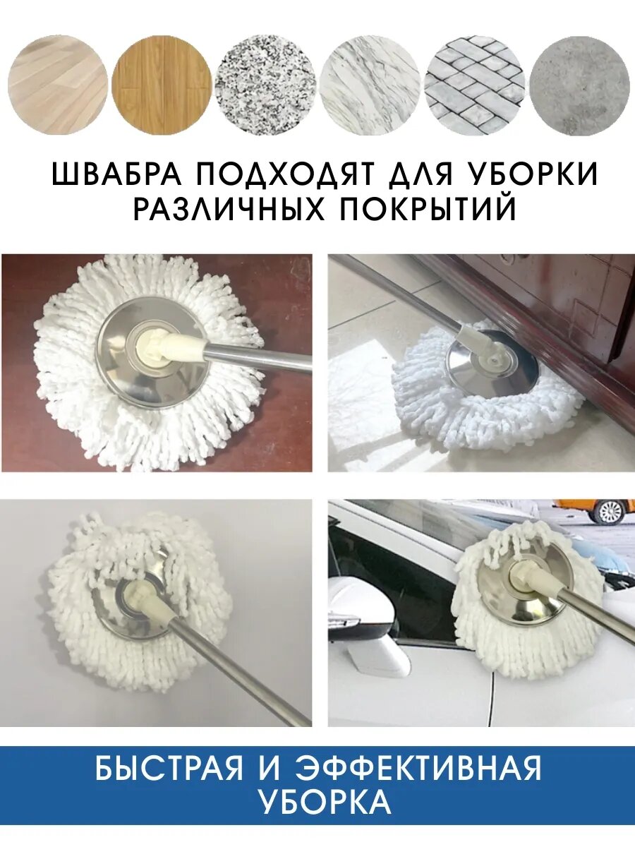 Швабра LettBrin с отжимом для комплекта SPIN MOP с насадкой из микрофибры, круглая, вертушка стальная головка — фото 1