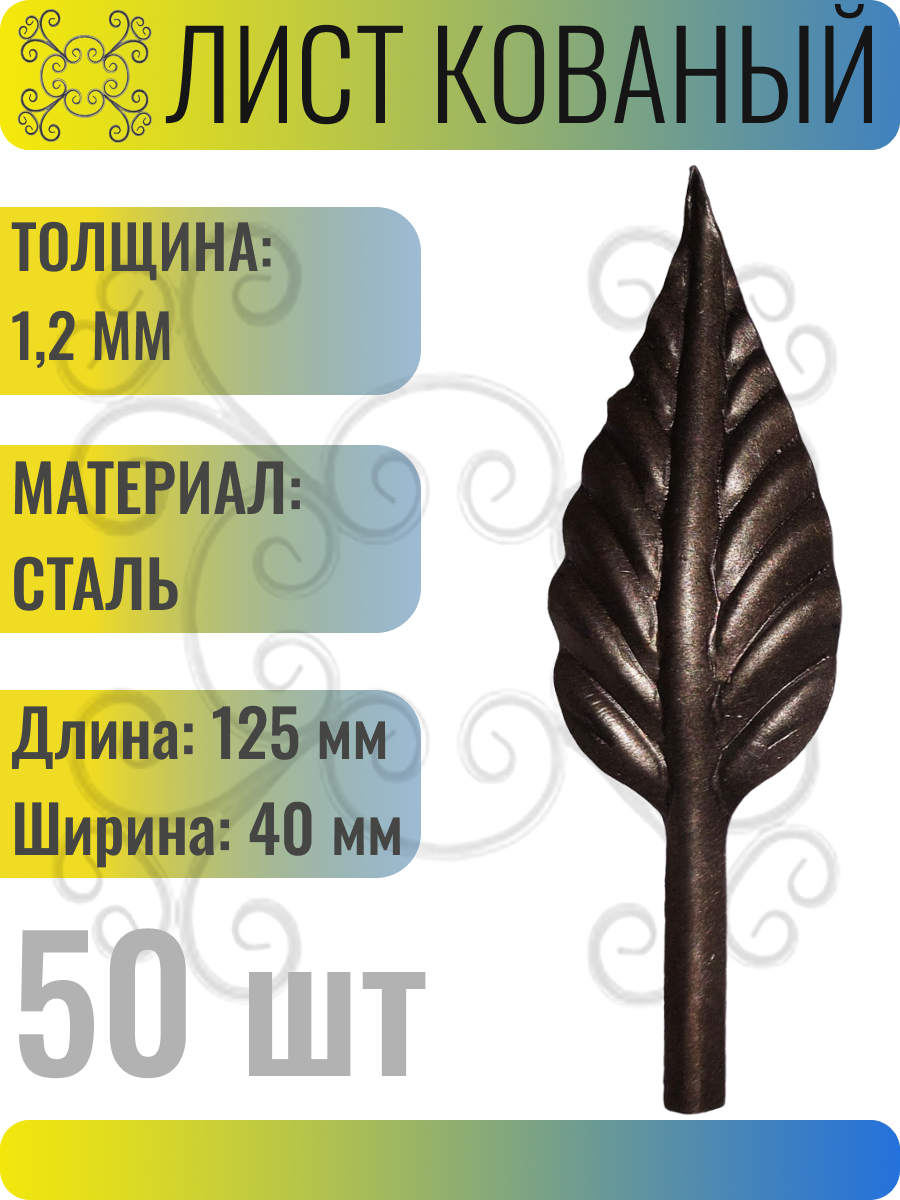 Кованый элемент Лист стальной. Размеры 125х40 мм. Толщина 1 мм - 50 шт