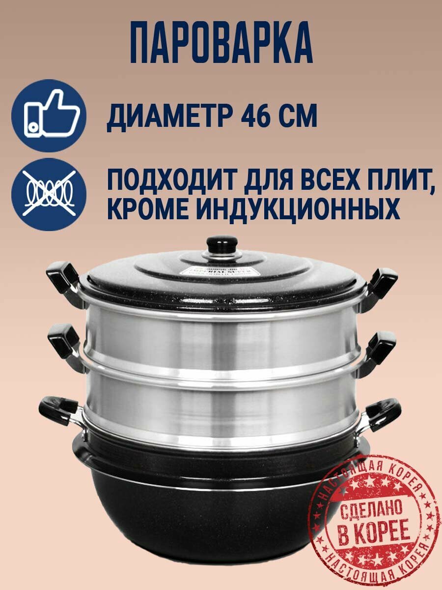 Двухъярусная алюминиевая пароварка для газовых и электрических плит 46 см. Корея