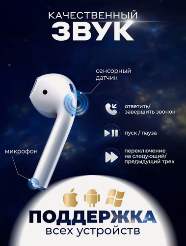 Изображение товара Наушники беспроводные, сенсорные, Bluetooth 6.0, влагозащита IPX4, с чехлом