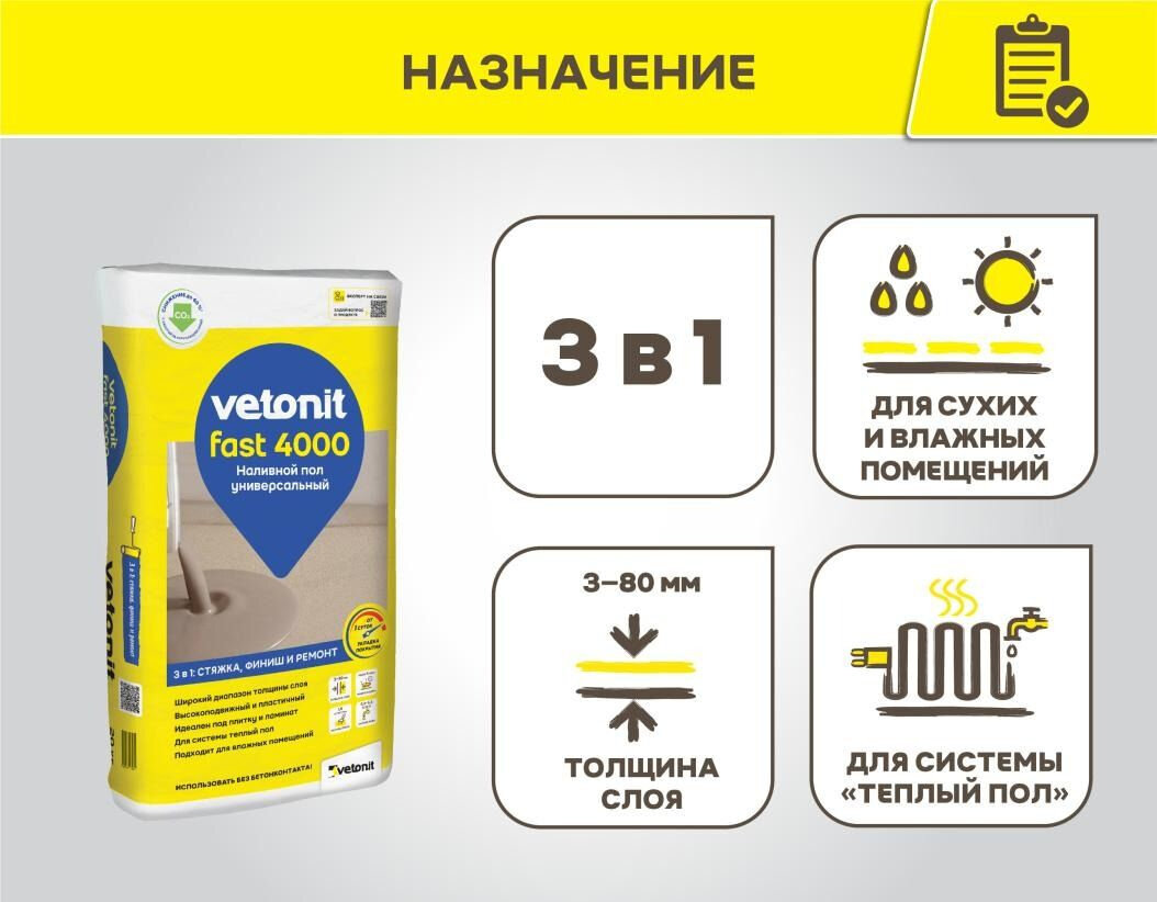 Наливной пол Vetonit Fast 4000 универсальный 20кг толщина слоя от 3 до 80 мм самовыравнивающаяся смесь
