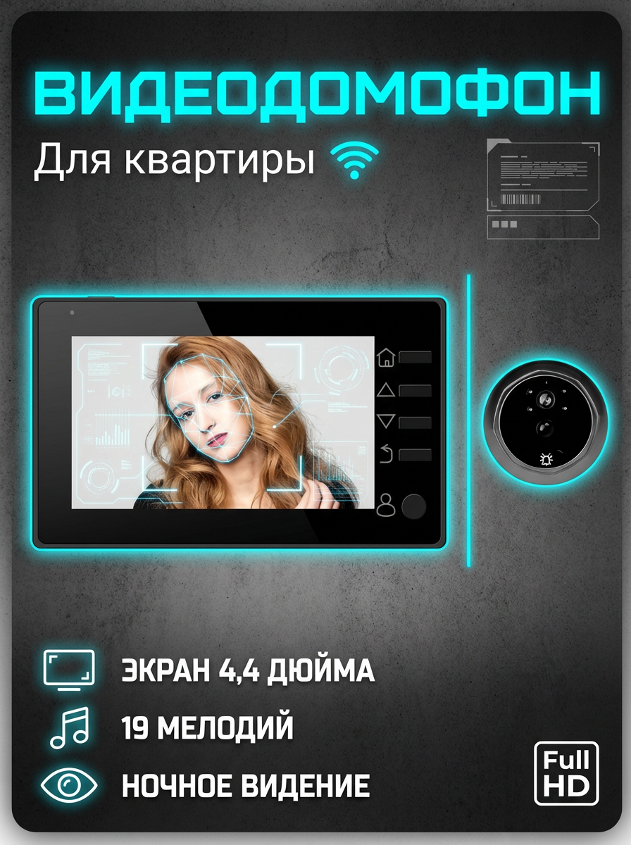 Видеодомофон видеодомофон для квартиры видеозвонок на дверь с камерой комплект экран 4.4 дюйма 19 мелодий ночное видение
