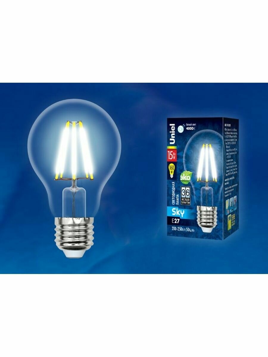 Филаментная светодиодная лампа E27 15W 3000K (теплый) Sky Uniel LED-A70-15W-4000K-E27-CL PLS02WH (UL-00004869) - фото №5